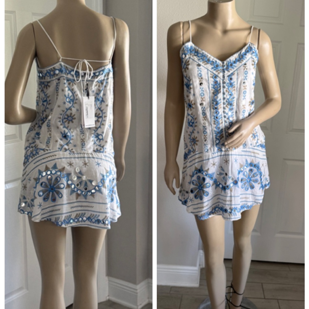 Juliet Dunn Blue and White Embroidered Dress